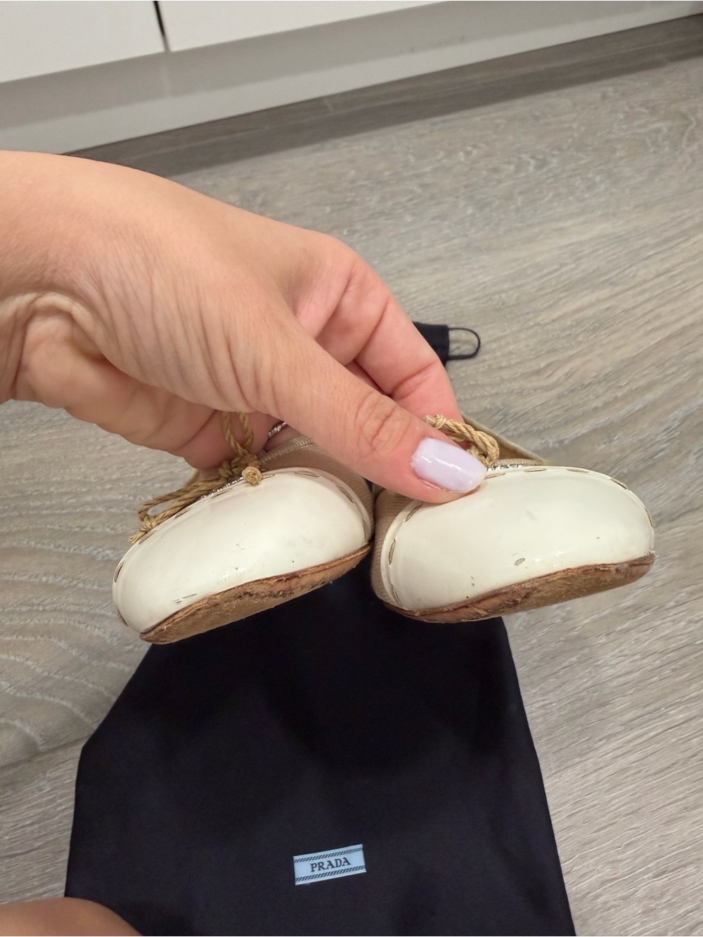 Prada Beige Canvas Ballet Flats with Cream Patent Cap Toe size 8.5/39 - Picture 5 of 6